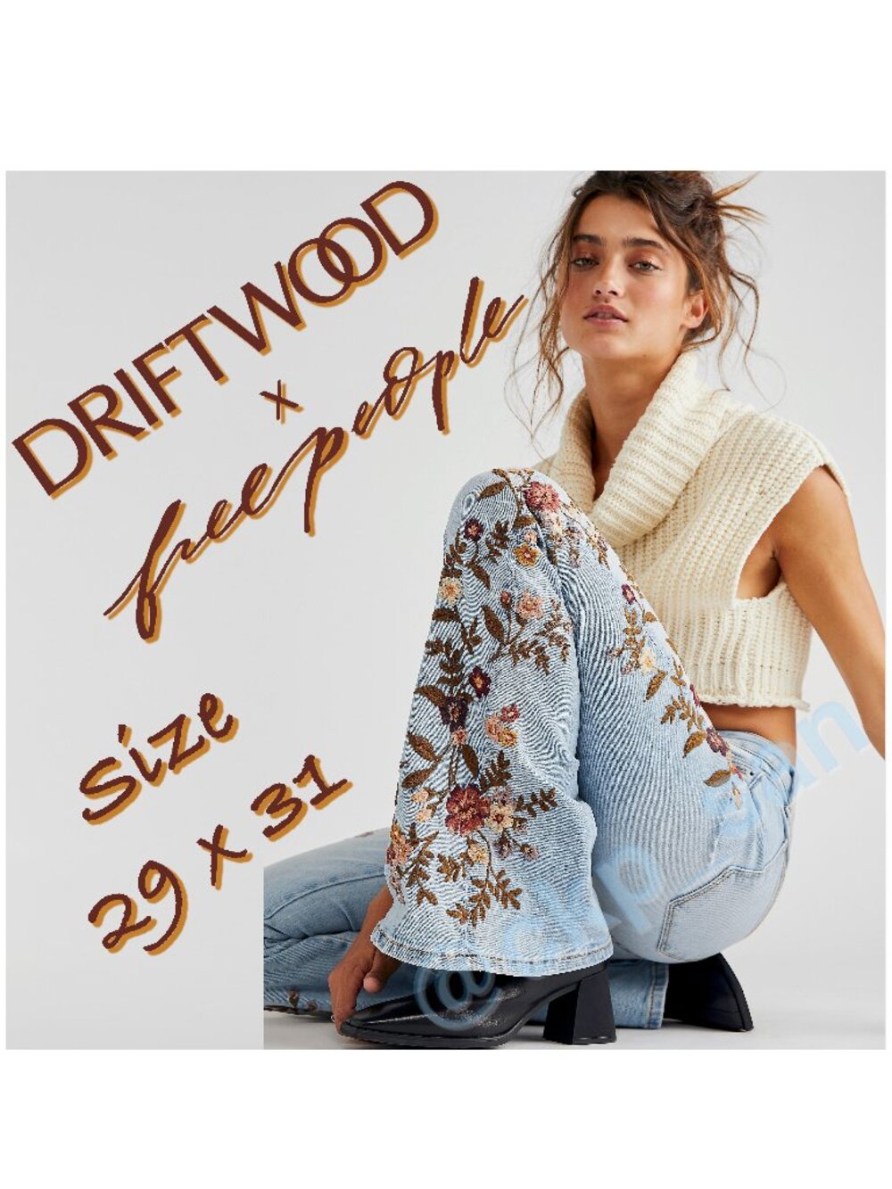 NWOT Free People x Driftwood Farrah Embroidered Flare Jeans Sz 29